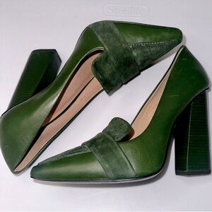 Tory Burch Green Leather & Suede 5” Block Heel Pumps